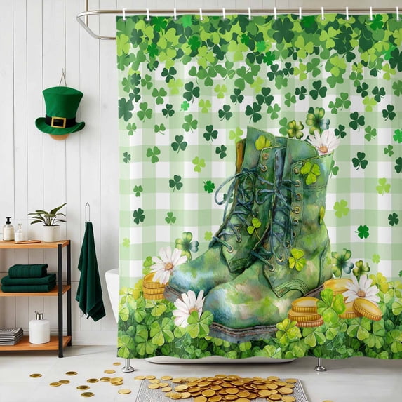Shower Curtain, St. Patrick's Day Retro Boots Shamrock Waterproof Shower Curtain Set with Hooks for Bathroom Showers,Stalls and Bathtubs,54x78In Green Plaid Daisy Floral