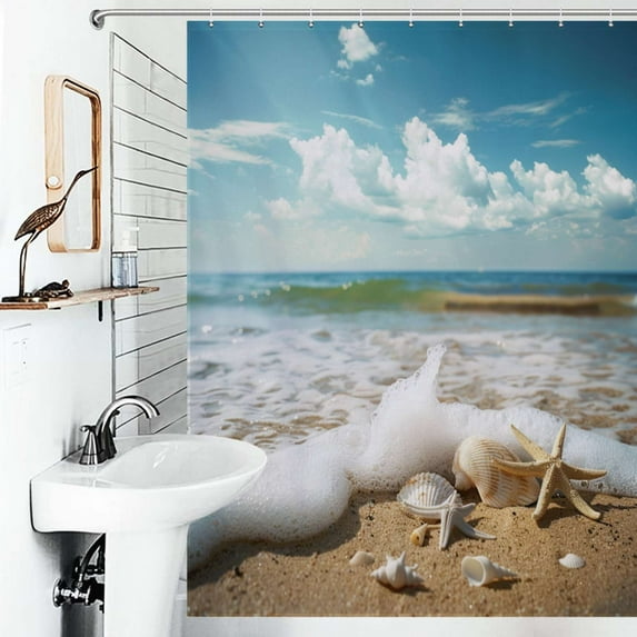 Shower Curtain Starfish Waves Beach Bath Curtain Polyester Fabric Bathroom Ration With Hooks