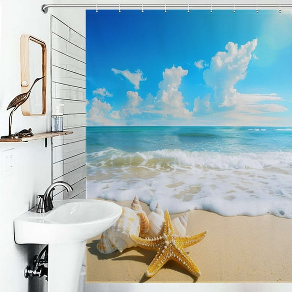 Shower Curtain Starfish Waves Beach Bathroom Waterproof Polyester Home Ration Curtain With Hook