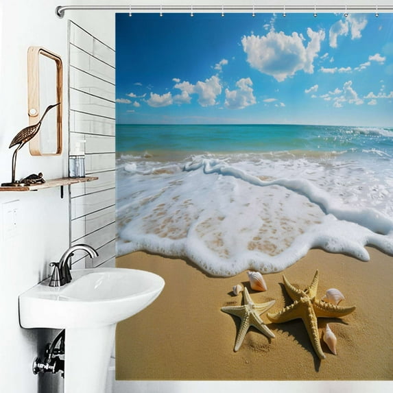 Shower Curtain Starfish Waves Beach Polyester Waterproof Home Ration Curtain With Hook