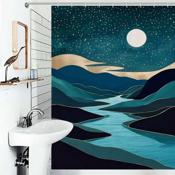 Shower Curtain Starry Night River Landscape Polyester Waterproof Home Ration Curtain With Hook