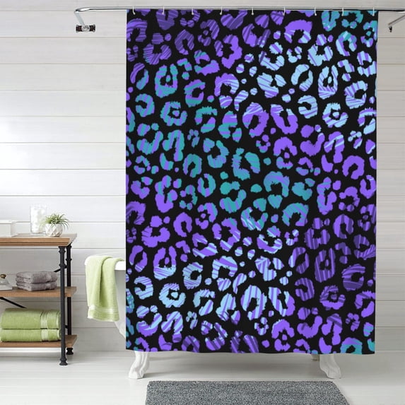 Shower Curtain, Stripe Purple Leopard Print Waterproof Fabric Plastic Shower Curtain, Drying Fast Bathroom Curtain with 9 Buttonholes, Ruffle Shower Curtain 60x72in
