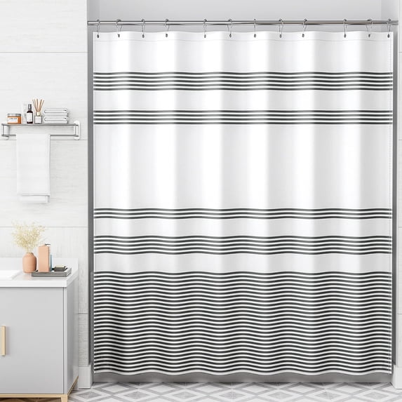Shower Curtain, Striped Black Fabric Shower Curtain Set with 12 Shower Curtain Hooks, Rustic Cloth Black and White Shower Curtain, Farmhouse Bathroom Shower Curtain Sets, 72x84 Inches