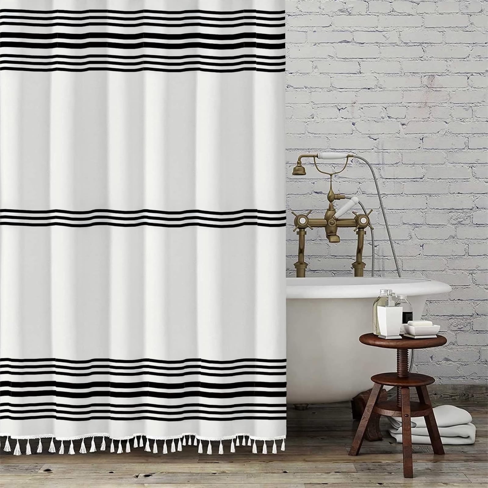 Seasonwood Shower Curtain Striped with Tassel Modern Bathroom Curtains, Fabric Black and White, Waterproof 72x84 inch