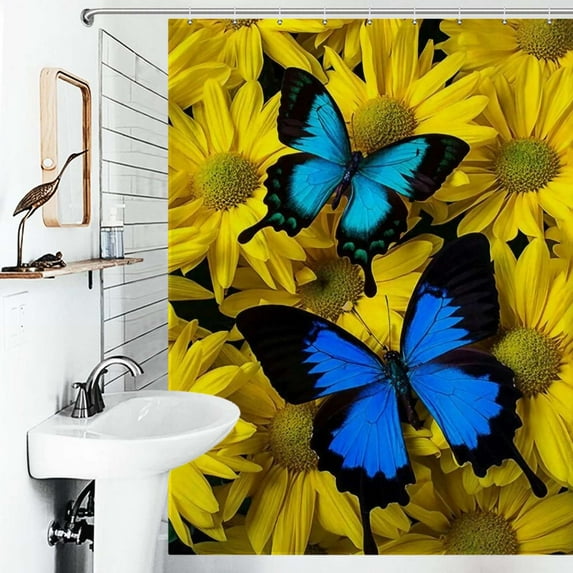 Shower Curtain Stunning Blue Butterfly On Sunflowers Polyester Waterproof Home Ration Curtain With Hook