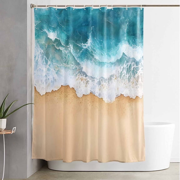 Shower Curtain Summer Beach Blue Ocean Waterproof Shower Curtain Set with Hooks for Bathroom Showers,Stalls and Bathtubs,54x78InWater Ripple Seaside Sand