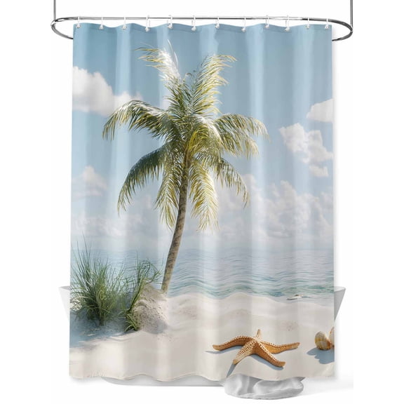 Shower Curtain, Summer Beach Seaside Palm Tree Sky Cloud Shore Starfish Washable Shower Curtain with Hooks Bath Decor Fabric Shower Curtains for Bathroom, Hotel, Stalls, Bathtubs, 48x72 Inch