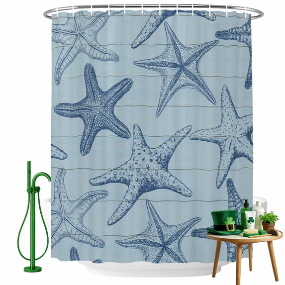 Shower Curtain, Summer Blue Sea Stars on Wood Board Waterproof Shower Curtain Set with Hooks for Bathroom Showers,Stalls and Bathtubs,36x72In Marine Life