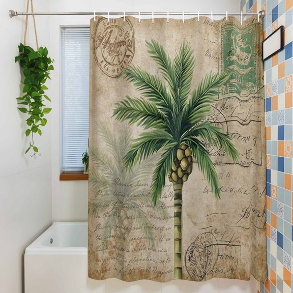 Shower Curtain, Summer Botanical Coconut Palm Waterproof Polyester Fabric Bath Curtain with Hooks for Bathroom Bathtub Stalls, Retro Letter Background 36x72IN