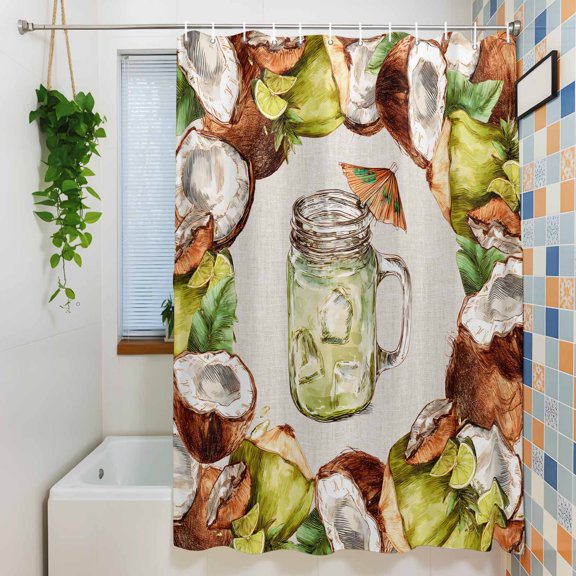 Shower Curtain, Summer Coconut Glass Bottle Waterproof Polyester Fabric Bath Curtain with Hooks for Bathroom Bathtub Stalls, Tropical Fruit Vintage Linen 36x72IN
