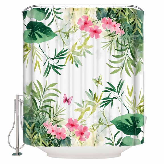 Shower Curtain, Summer Green Leaf Tropical Plant Waterproof Shower Curtain Set with Hooks for Bathroom Showers,Stalls and Bathtubs,72x72In Butterfly Wildflower Watercolor