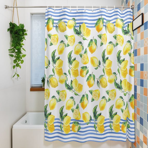 Shower Curtain, Summer Lemon Blue Stripes Waterproof Polyester Fabric Bath Curtain with Hooks for Bathroom Bathtub Stalls, Pastoral Green Leaves 72x84IN