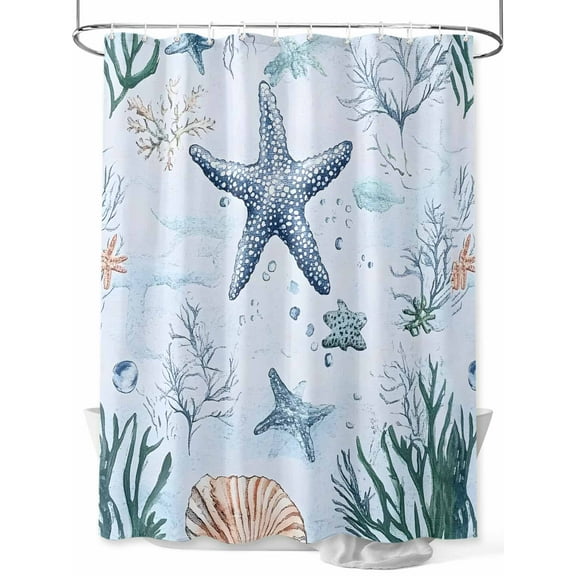 Shower Curtain, Summer Navy Blue Starfish Ocean Dark Green Seaweed Washable Shower Curtain with Hooks Bath Decor Fabric Shower Curtains for Bathroom, Hotel, Stalls, Bathtubs, 36x72 Inch