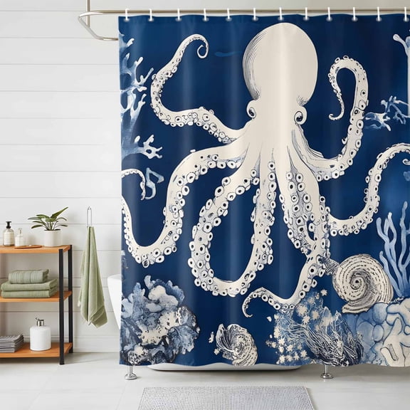 Shower Curtain,Summer Ocean Octopus Coral Conch Waterproof Shower Curtain Set with Hooks for Bathroom Showers,Stalls and Bathtubs,72x72in,Marine Theme Navy Blue