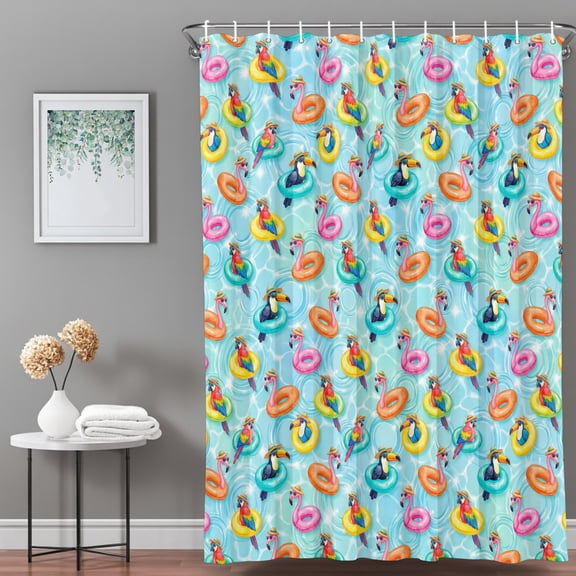 Shower Curtain,Summer Pool Float Swim Rings Waterproof Shower Curtain Set with Hooks for Bathroom Showers,Stalls and Bathtubs,36x72in,Tropical Flamingo Birds