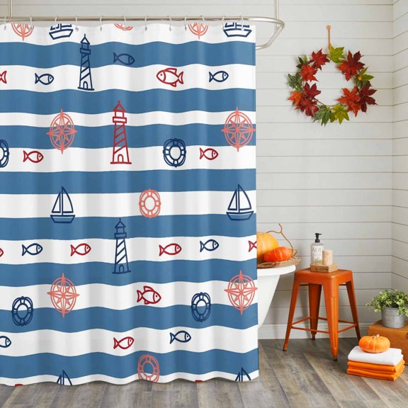 Shower Curtain,Summer Sailboat Compass Fish Waterproof Shower Curtain Set with Hooks for Bathroom Showers,Stalls and Bathtubs,36x72in,Blue White Striped