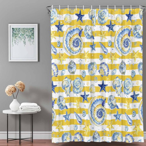 Shower Curtain,Summer Sea Conch Starfish Waterproof Shower Curtain Set with Hooks for Bathroom Showers,Stalls and Bathtubs,36x72in,Yellow White Striped Background