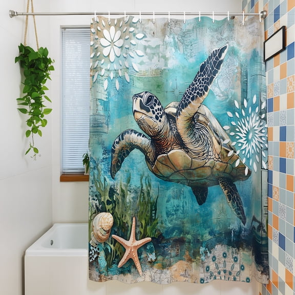 Shower Curtain, Summer Sea Turtle Underwater World Starfish Waterproof Polyester Fabric Bath Curtain with Hooks for Bathroom Bathtub Stalls, Coral Blue Ocean 36x72IN
