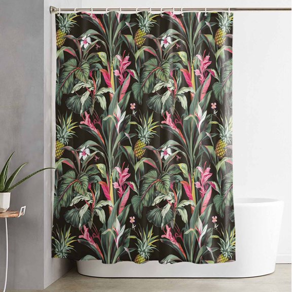 Shower Curtain Summer Tropical Fruit Pineapple Waterproof Shower Curtain Set with Hooks for Bathroom Showers,Stalls and Bathtubs,54x78InJungle Green Plant on Black