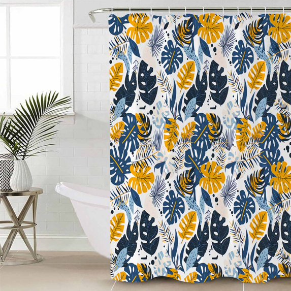 Shower Curtain, Summer Tropical Plants Waterproof Shower Curtain Set with Hooks for Bathroom Showers,Stalls and Bathtubs,60x72In Pastoral Yellow Blue Leaves