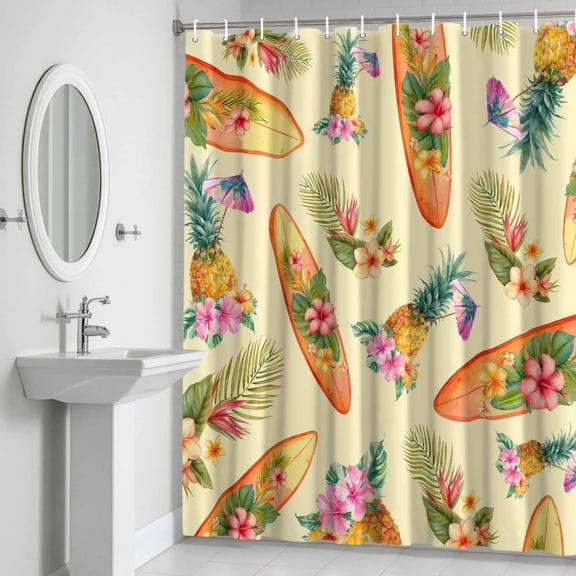 Shower Curtain, Summer Tropical Surfboard Waterproof Shower Curtain Set with Hooks for Bathroom Showers,Stalls and Bathtubs,72x72In Pineapple Pink Flowers