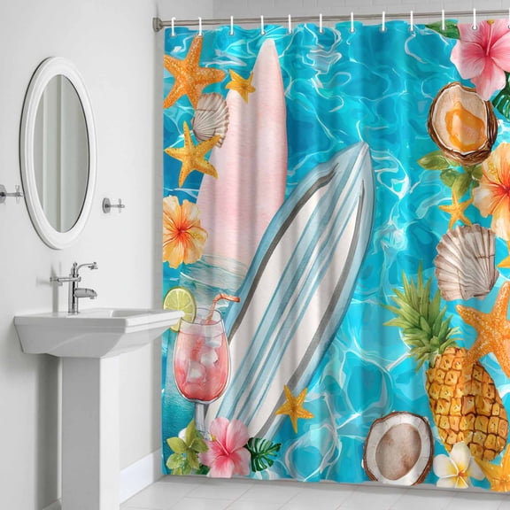 Shower Curtain, Summer Tropical Surfboard Waterproof Shower Curtain Set with Hooks for Bathroom Showers,Stalls and Bathtubs,72x72In Pineapple Starfish Cocktail