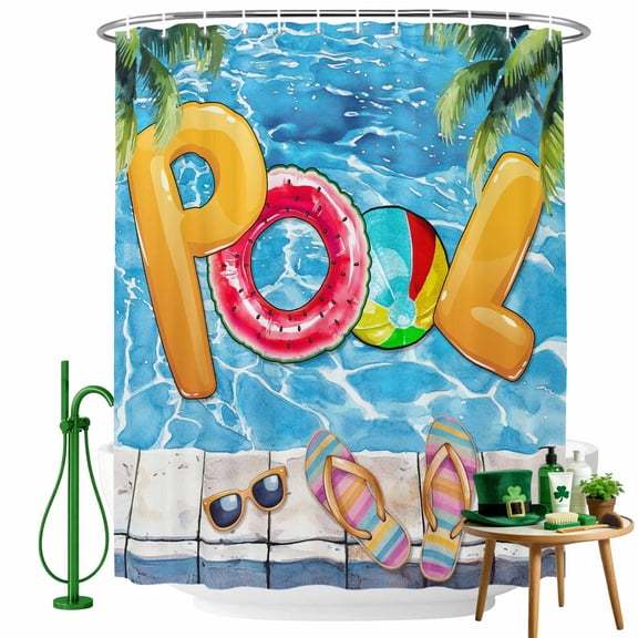 Shower Curtain, Summer Vacation Swimming Pool Waterproof Shower Curtain Set with Hooks for Bathroom Showers,Stalls and Bathtubs,36x72In Sunglasses Slippers Palm Tree
