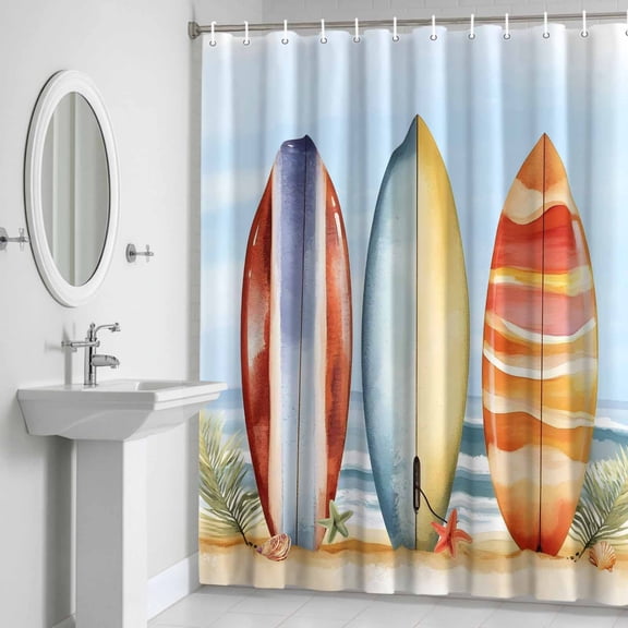Shower Curtain, Summer Watercolor Striped Surfboard Waterproof Shower Curtain Set with Hooks for Bathroom Showers,Stalls and Bathtubs,72x72In Ocean Beach Starfish Shell
