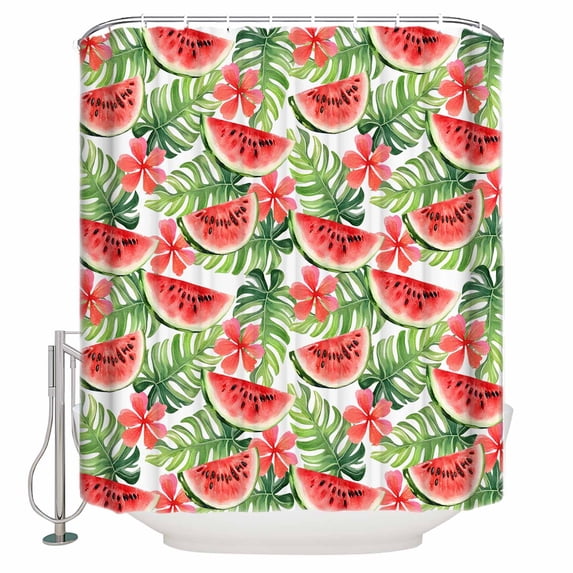 Shower Curtain, Summer Watermelon Flowers Waterproof Shower Curtain Set with Hooks for Bathroom Showers,Stalls and Bathtubs,36x72In Watercolor Green Leaves