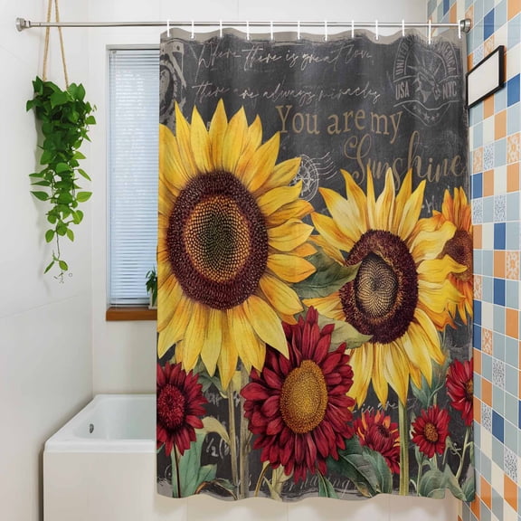 Shower Curtain, Summer Yellow Red Sunflower on Retro Stamps Waterproof Polyester Fabric Bath Curtain with Hooks for Bathroom Bathtub Stalls, Rustic Pastoral Floral 36x72IN