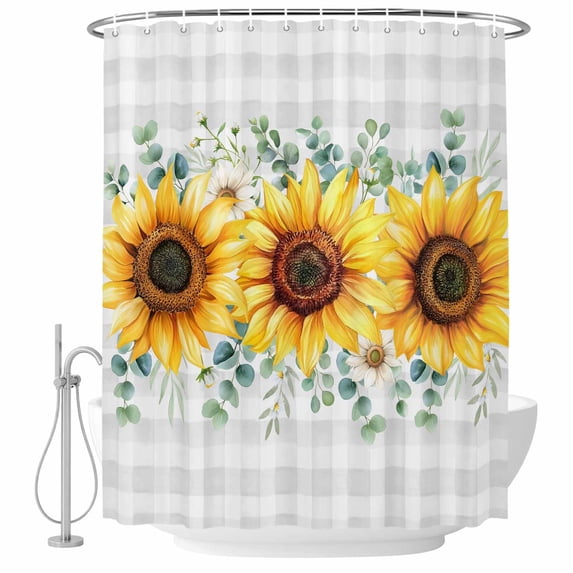 Shower Curtain Sunflower Bathroom Curtains with Hooks, Waterproof Fabric Eucalyptus Leaf Grey Buffalo Plaid Bath Shower Curtains Set for Bathroom Bathtubs Decor 36x72 Inch