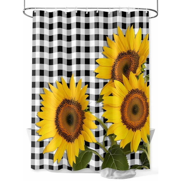 Shower Curtain Sunflower Bathroom Curtains with Hooks, Waterproof Fabric Farmhouse Floral Plant Black Buffalo Plaid Bath Shower Curtains Set for Bathroom Bathtubs Decor 36x72 Inch