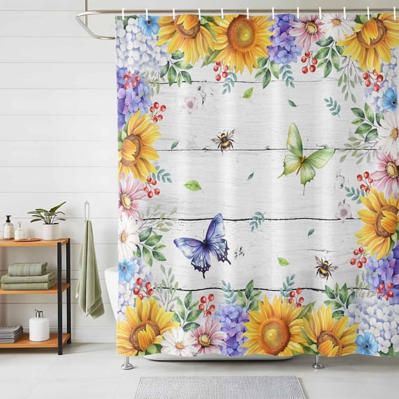 Shower Curtain Sunflower Daisy Butterfly Bee Shower Curtains for Bathroom Decor, Waterproof Polyester Shower Curtain Set with Hooks, Small Stall Size 36" x 72" Spring Floral Wood Grain