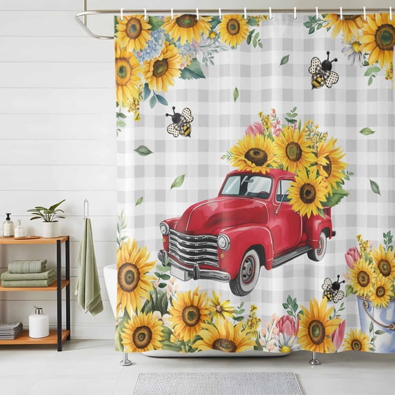 Shower Curtain Sunflower Red Truck Shower Curtains for Bathroom Decor, Waterproof Polyester Shower Curtain Set with Hooks, Extra Long 72" x 84" Farmhouse Grey Plaid