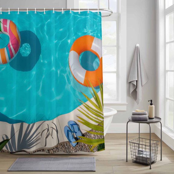 Shower Curtain, Swimming Pool Swimming Circle Waterproof Shower Curtain Set with Hooks for Bathroom Showers,Stalls and Bathtubs,36x72In Blue White Slippers