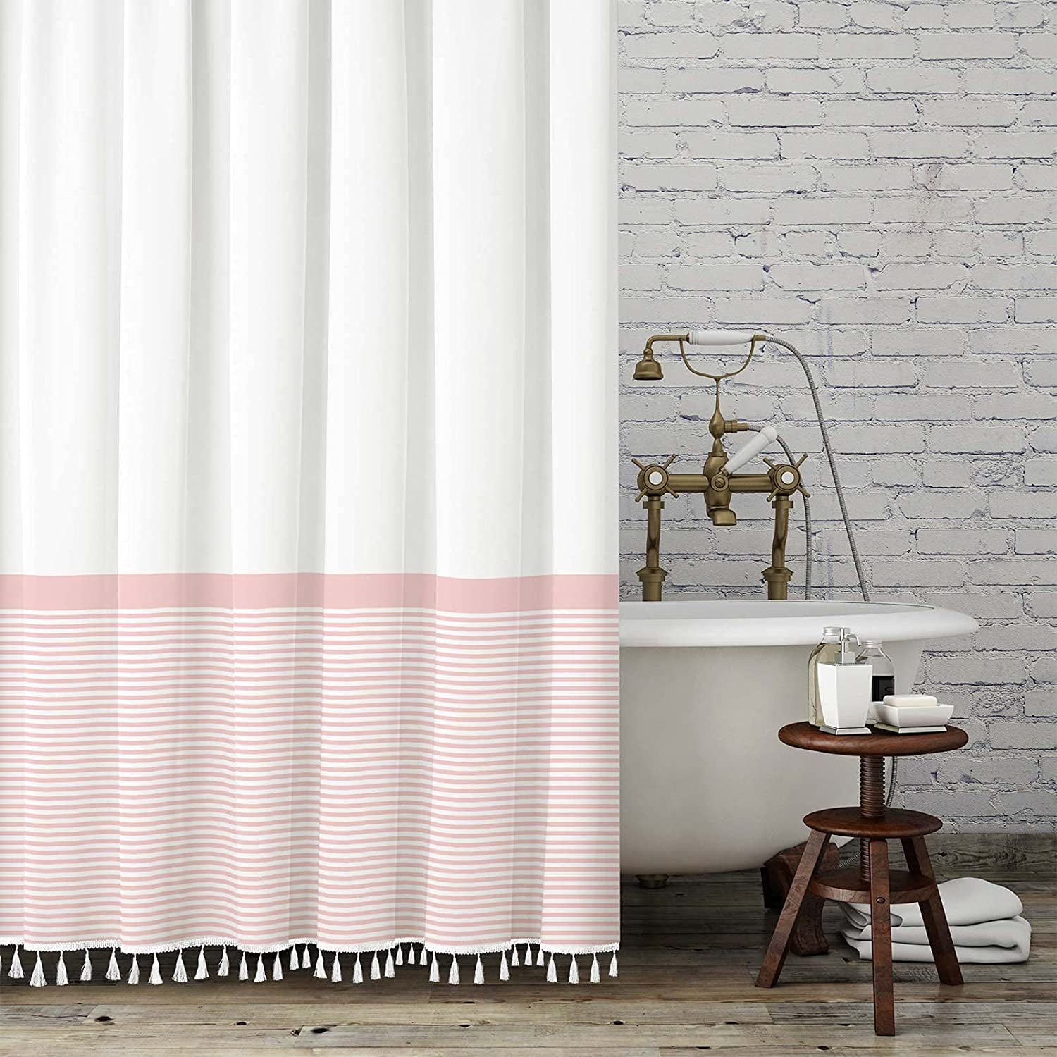Walmart Modern Farmhouse Pink Striped Shower Curtain with Tassels, 72x72, 12 Hooks Included