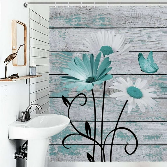 Shower Curtain Teal And White Daisy Flower And Butterfly On Rustic Wood Board Polyester Waterproof Home Ration Curtain With Hook