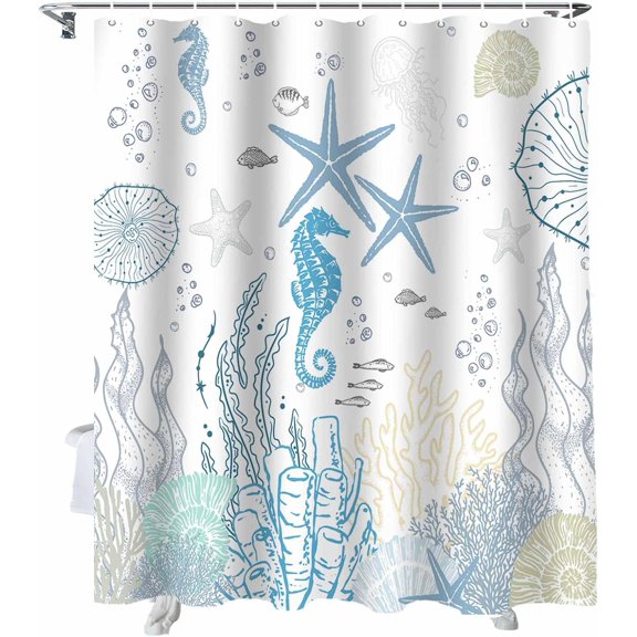 Shower Curtain Teal Blue Coral Shower Curtains for Bathroom Decor Starfish Seahorse Shell Shower Curtain Sets with Hooks Waterproof Fabric Bath Curtain Small Stall 36" X 72"
