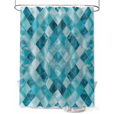 Shower Curtain Teal Blue Diamond Bathroom Curtains with Hooks, Waterproof Fabric Modern Geometric Lines Bath Shower Curtains Set for Bathroom Bathtubs Decor 36x72 Inch