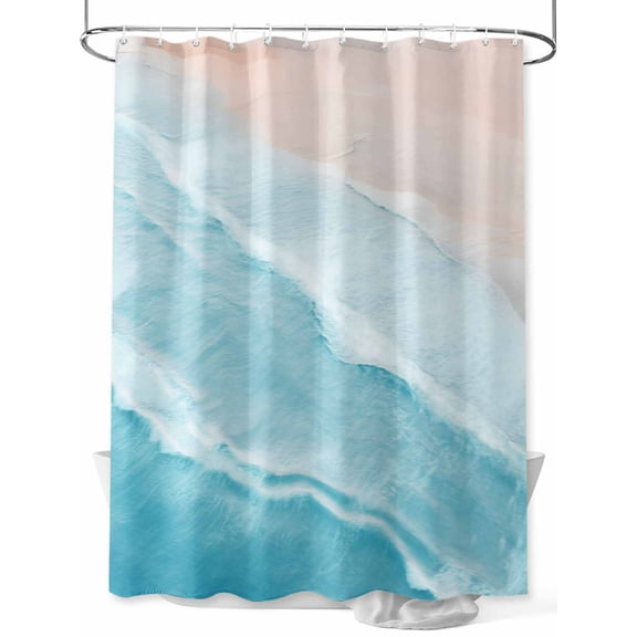 Shower Curtain Teal Blue Ocean Waves Bathroom Curtains with Hooks, Waterproof Fabric Ombre Beach Spray Bath Shower Curtains Set for Bathroom Bathtubs Decor 36x72 Inch