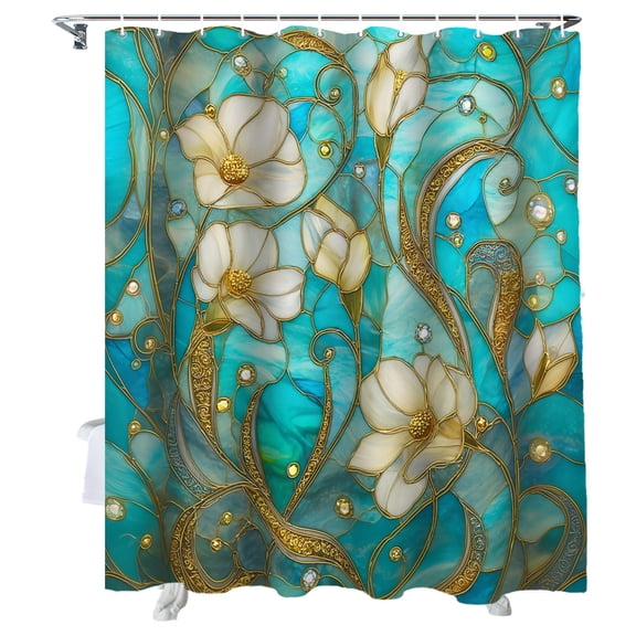 Shower Curtain Teal Blue Stained Glass Shower Curtains for Bathroom Bathtub, Waterproof Fabric Shower Curtain Set with Hooks, Small Stall Size 36" x 72" Luxury Golden Veins Flower