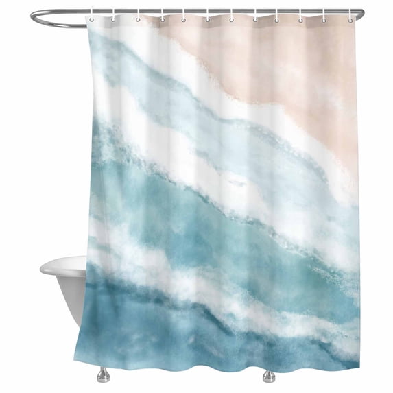 Shower Curtain Teal Blue Waves Bathroom Curtains with Hooks, Waterproof Fabric Gradient Summer Sandy Beach Bath Shower Curtains Set for Bathroom Bathtubs Decor 72x72 Inch