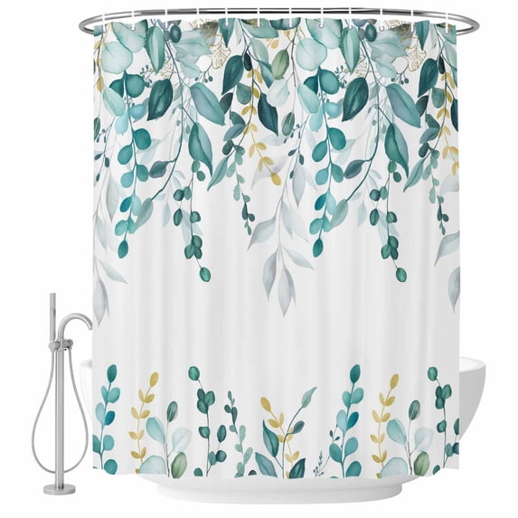 Shower Curtain Teal Green Eucalyptus Leaves Bathroom Curtains with Hooks, Waterproof Fabric Berry Leaf Branches Bath Shower Curtains Set for Bathroom Bathtubs Decor 36x72 Inch