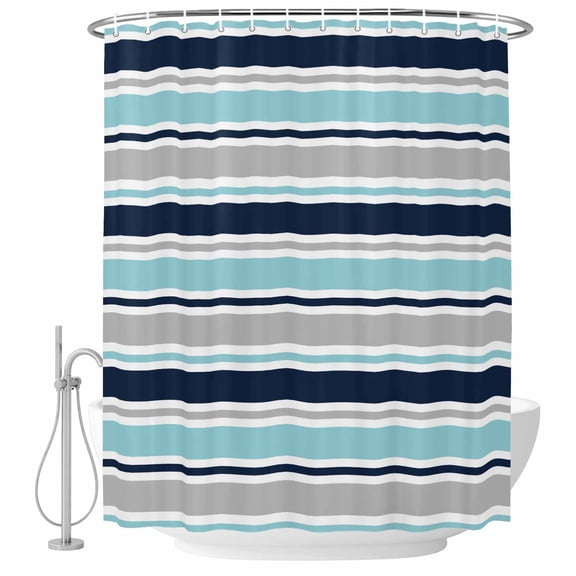 Shower Curtain Teal Navy Blue Stripes Bathroom Curtains with Hooks, Waterproof Fabric Grey Classic Striped Bath Shower Curtains Set for Bathroom Bathtubs Decor 36x72 Inch
