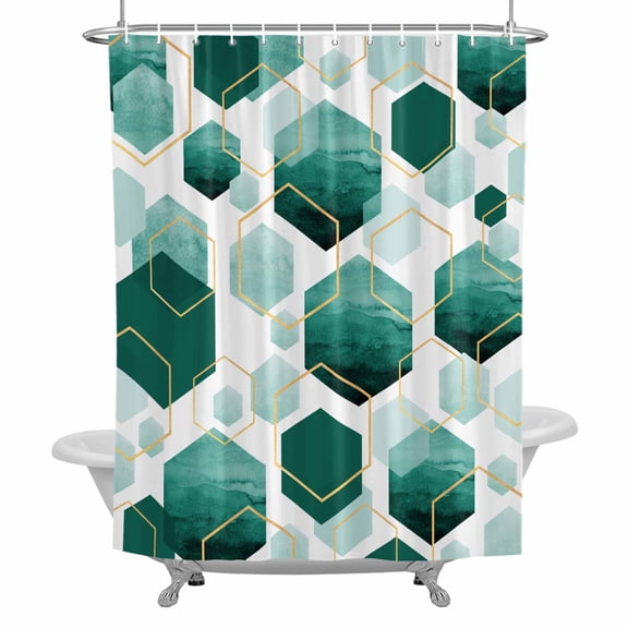 Shower Curtain, Teal White Gold Geometric Waterproof Fabric Bathroom Shower Curtains Set with Hooks,72 X 72 Inch Long, Modern Abstract Hexagon Pattern