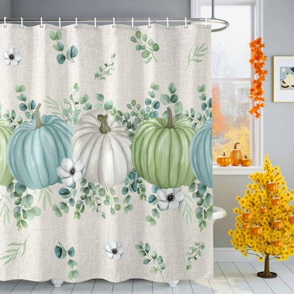Shower Curtain, Thanksgiving Blue Green Pumpkin on Linen Waterproof Shower Curtain Set with Hooks for Bathroom Showers,Stalls and Bathtubs,72x72In Eucalyptus Leaves