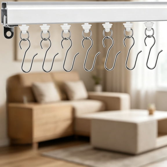 Shower Curtain Track Gliders & Curtain Hooks Set, Ceiling Mount Sliding Track S Shaped Metal Drapery Hooks and Plastic Rollers Sets for Drape Rails and Tracks
