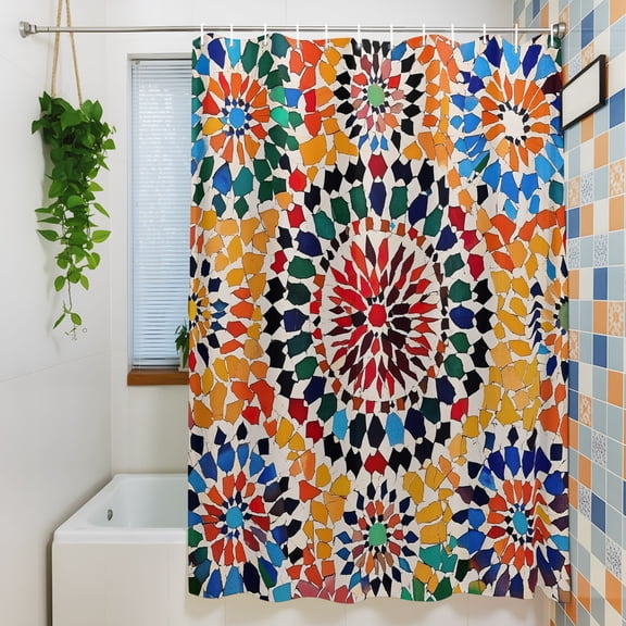 Shower Curtain, Traditional Colourful Moroccan Wall Tile Mosaic Back Waterproof Polyester Fabric Bath Curtain with Hooks for Bathroom Bathtub Stalls, Bohemian Style 36x72IN