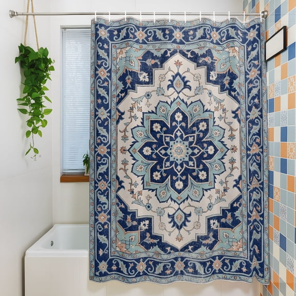 Shower Curtain, Traditional Turkish Floral Waterproof Polyester Fabric Bath Curtain with Hooks for Bathroom Bathtub Stalls, Vintage Navy Blue Texture 36x72IN