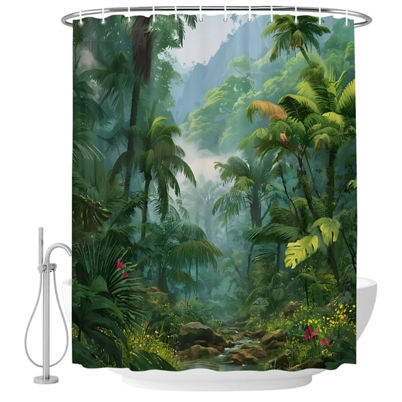 Shower Curtain Tropical Botanical Waterproof Polyester Bath Curtain Lush Garden Flowers Green Leaves Shower Curtain Set with Hooks for Bathtub Home Decor 36x72in